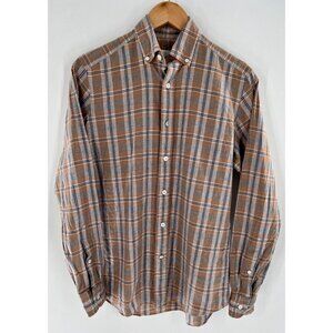 Trumaker Men's Tan Plaid Button Down Shirt Long Sleeve 42" Chest 27.5" Length